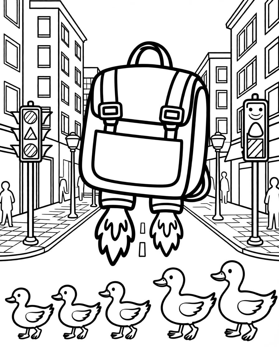 A kid-sized jetpack backpack with little flame jets takes center stage in a bustling city street lined with tall buildings and traffic lights, where a family of ducks waddling alongside can be seen nearby, surrounded by a signal light blinking cheerfully.