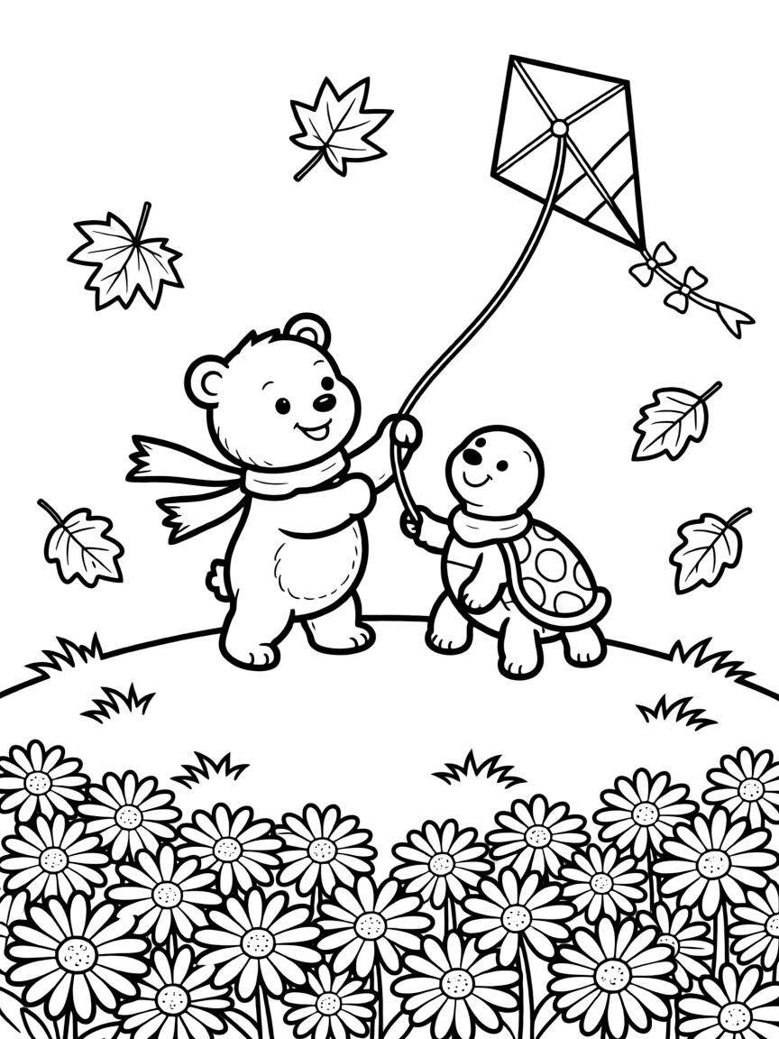 A polar bear cub at the top of a windy hill, flying a kite with a sea turtle, next to a bed of daisies, as autumn leaves swirl in the wind.