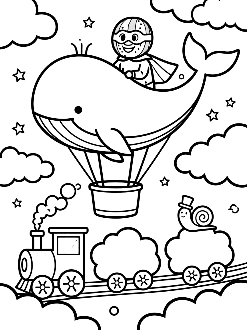 Adventurous and full of excitement, a watermelon slice superhero spends the day steering a hot air balloon shaped like a whale on a train chugging through fluffy clouds. Nearby, a snail wearing a tiny top hat adds to the fun. Warm smiles and happy cheers fill the scene.