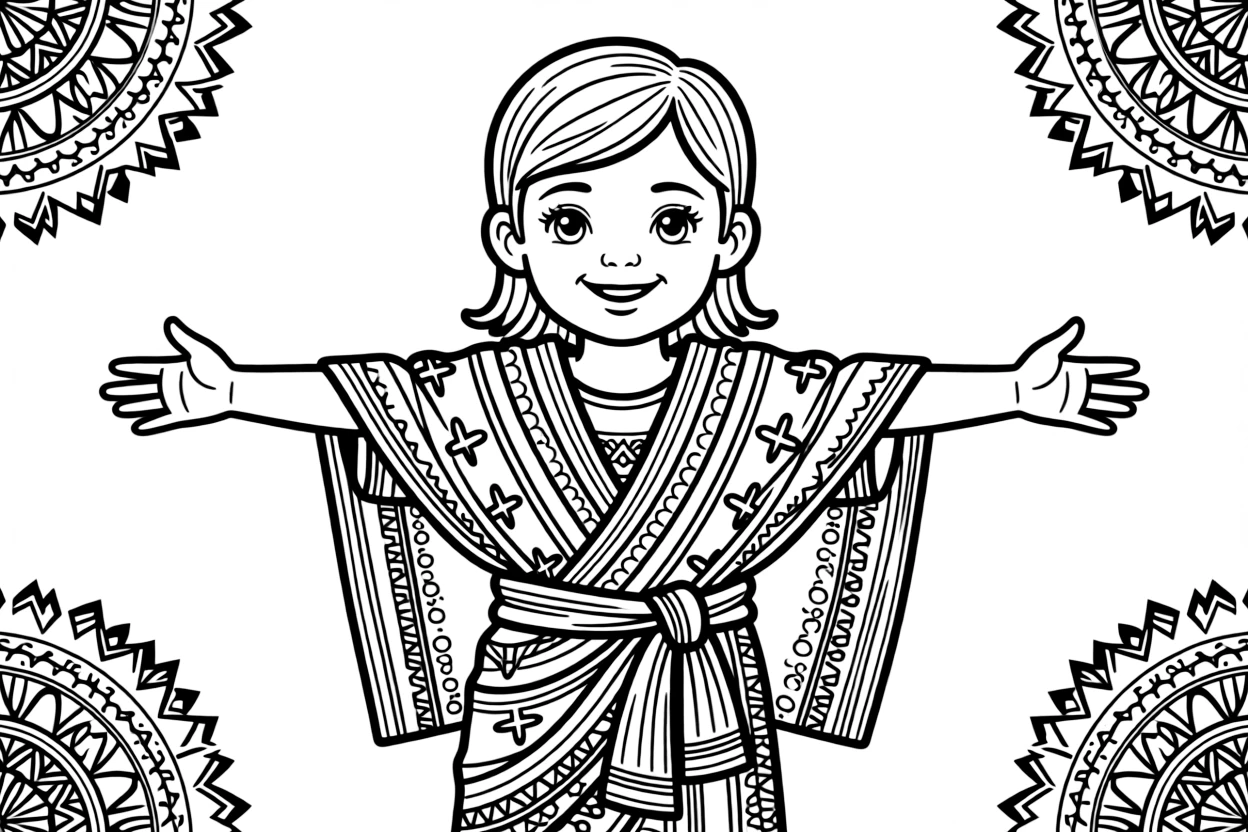 A coloring page portrait celebrating Rwanda, showing a child wearing a bright wrapped kitenge cloth, standing proudly with arms outstretched and a warm smile, surrounded by simple decorative patterns.
