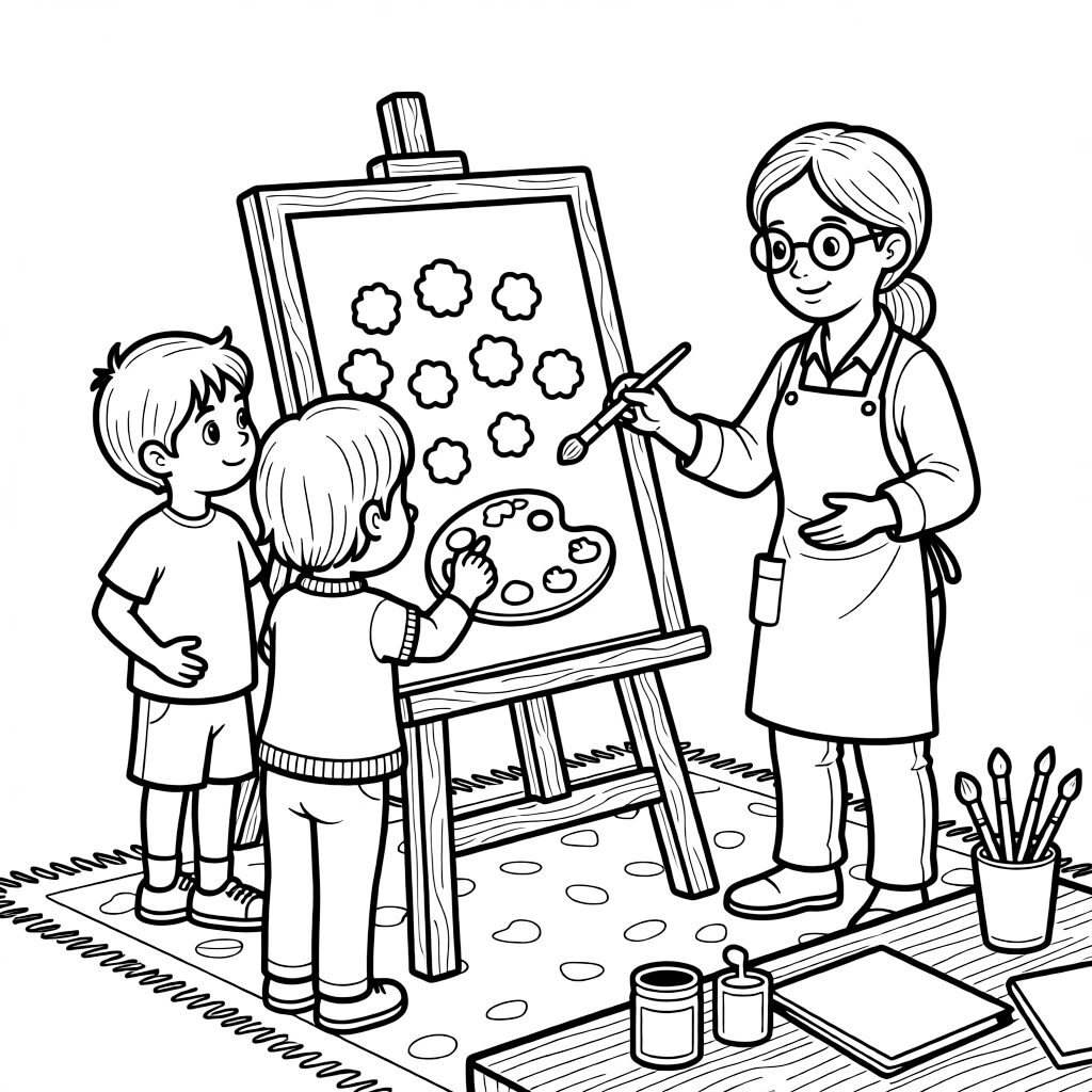 a curious group of three kids mixes colors on a palette while learning from a visiting artist.
