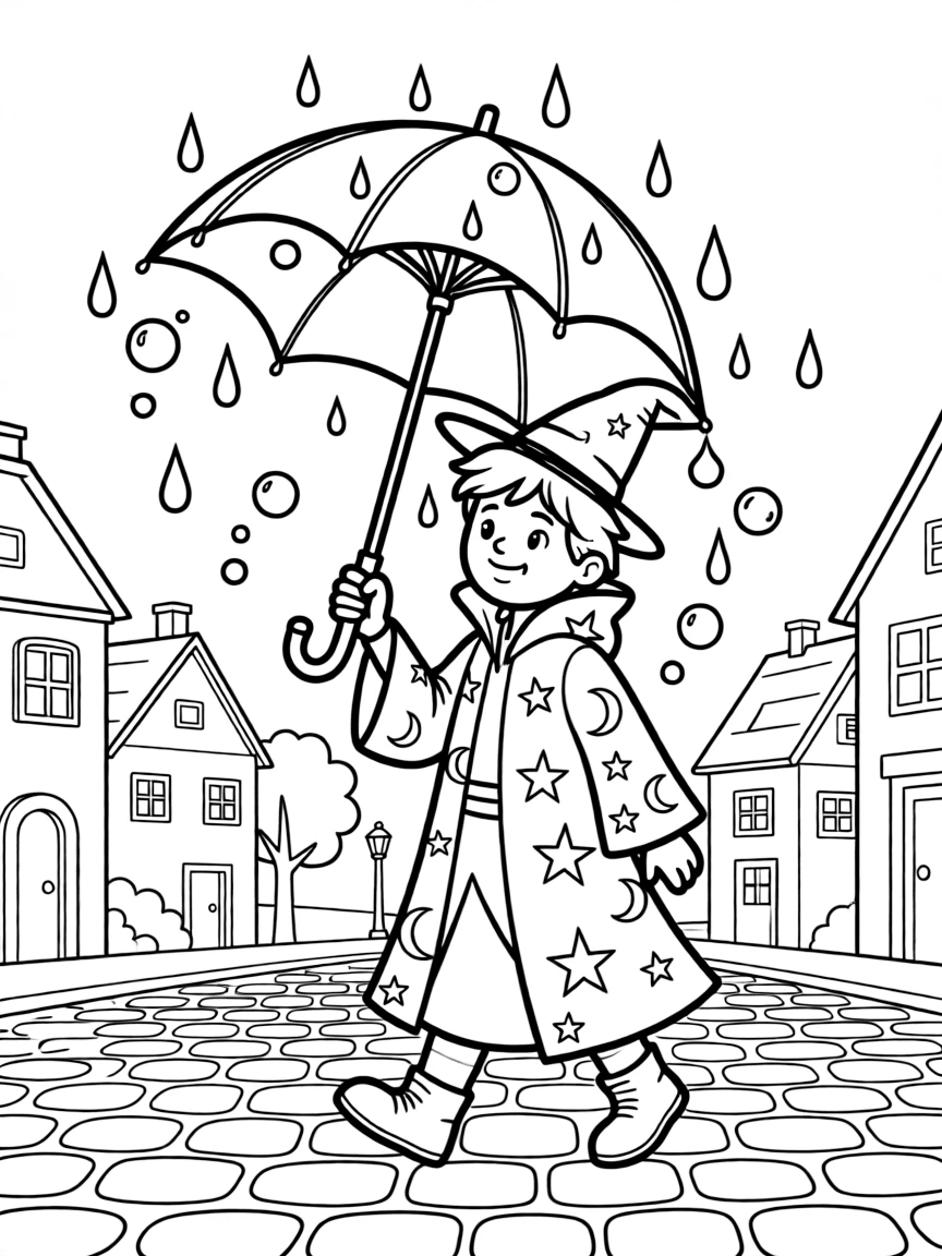 A wizard's enchanted umbrella turns raindrops into tiny bouncing bubbles as he strolls through a rainy village square.