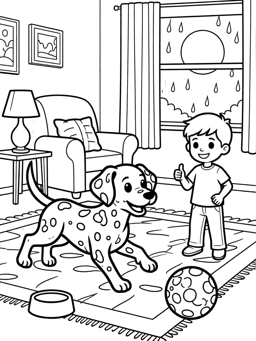 [Pets] a spotted dalmatian puppy chasing a bouncing ball in a cozy living room, giving a confident thumbs-up. Nearby, a food bowl sits close by. A wagging tail adds playful motion. The scene is captured under a full moon, with a light drizzle just ending, giving the page a lively and adventurous feel that invites plenty of colorful detail.