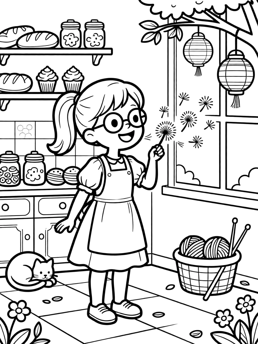 A girl with round glasses and a wide grin is blowing dandelion seeds into the breeze inside a cheerful bakery kitchen. Just beyond, paper lanterns hanging from low branches and a basket of yarn and knitting needles nearby bring the scene to life.