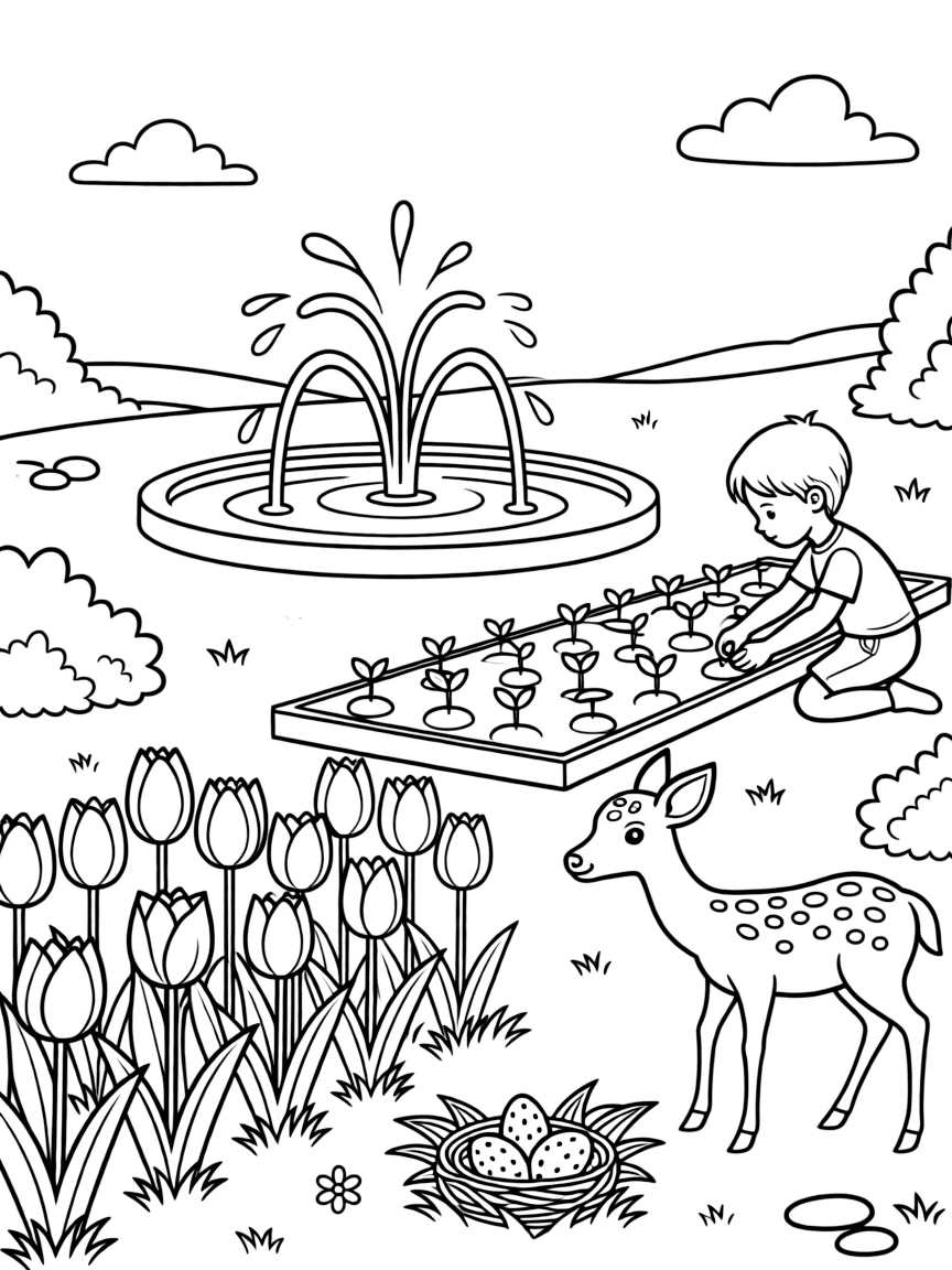 A wide view in a green park with a bubbling fountain, featuring a child planting seeds in a neat garden row, a spotted fawn, and a row of colorful tulips, with a nest with three speckled eggs nearby.