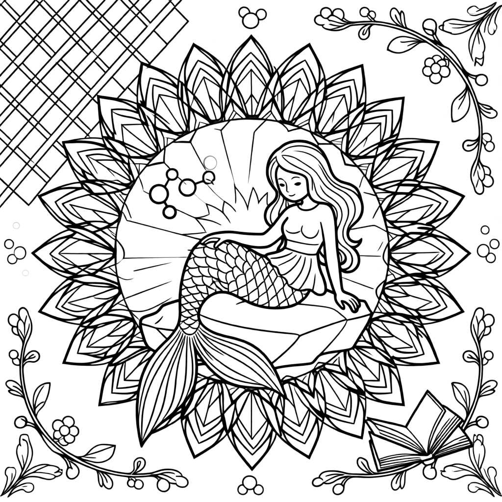 Mythical & Fantasy Creatures: The design turns a mermaid with a scaled tail resting on a rock into a kaleidoscope-style composition anchored by a crystal-facet mandala built from angular repeating shapes. The imagery is multiplied into a circular burst of matching pieces that rotate evenly around the page's center point. Decorative details fill the surrounding space, including a grid of lattice diamonds, clusters of round bubbles, and twisting berry-vine garlands woven throughout the background. A playful extra touch completes the page: a tiny open book resting at the base of the design.