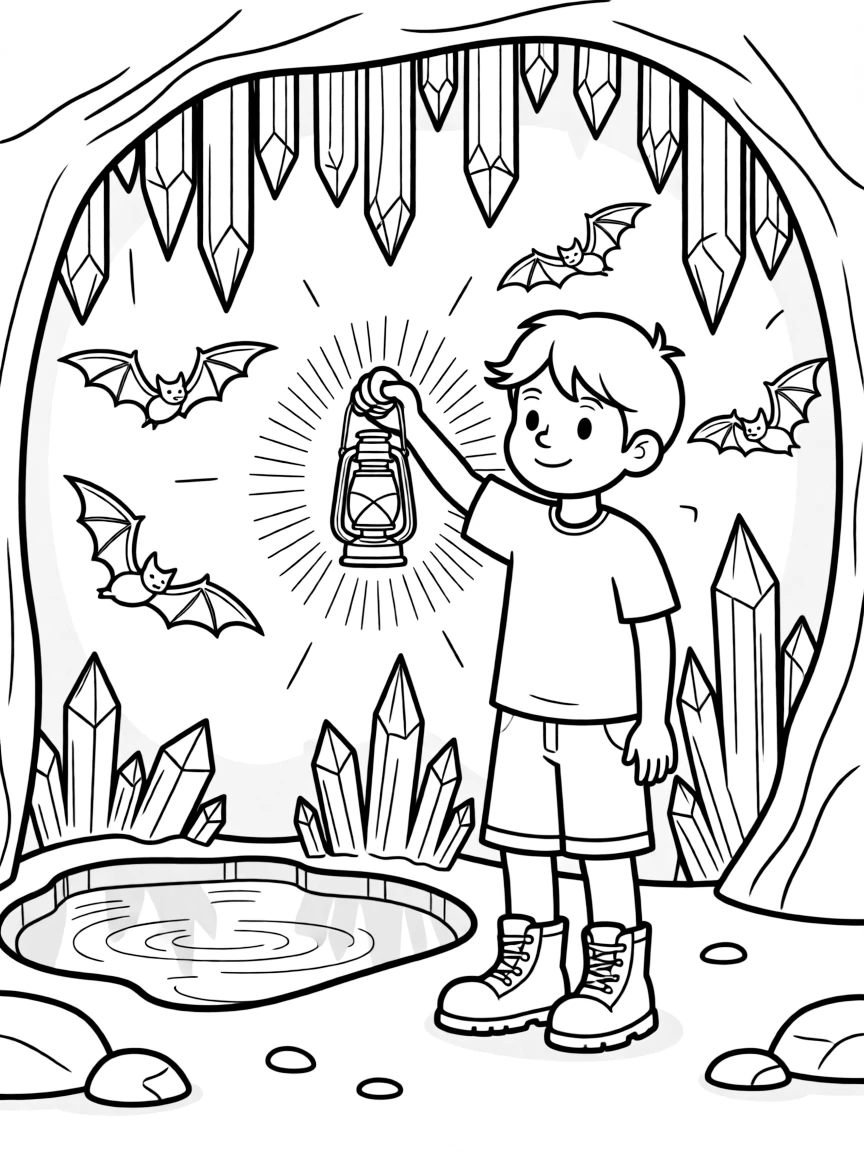 [Mystical Caves] A young explorer holds up a lantern, illuminating a cave wall covered in sparkling crystals. A family of bats swoops gracefully around a cluster of towering stalactites. A hidden underground pool reflects the sparkle of crystal formations lining the walls. Cool, still air fills the cave as lantern light flickers across the crystal walls.