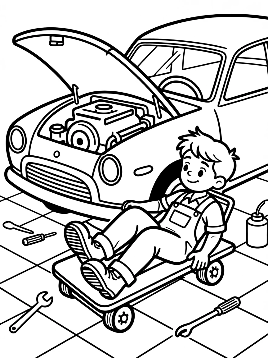 A mechanic slides under a car on a rolling dolly to check the engine.