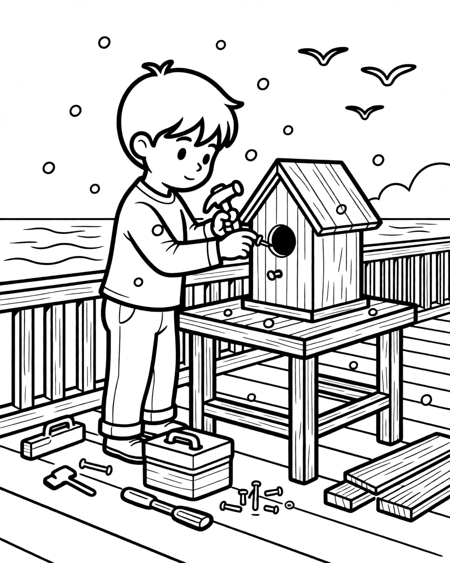 A small boy building a birdhouse alone on a seaside boardwalk, deeply focused, while snowflakes fall softly.