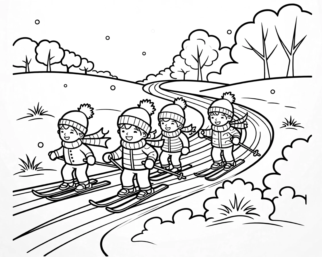A team of neighborhood kids, racing a friend along a groomed ski track through open snowy fields.