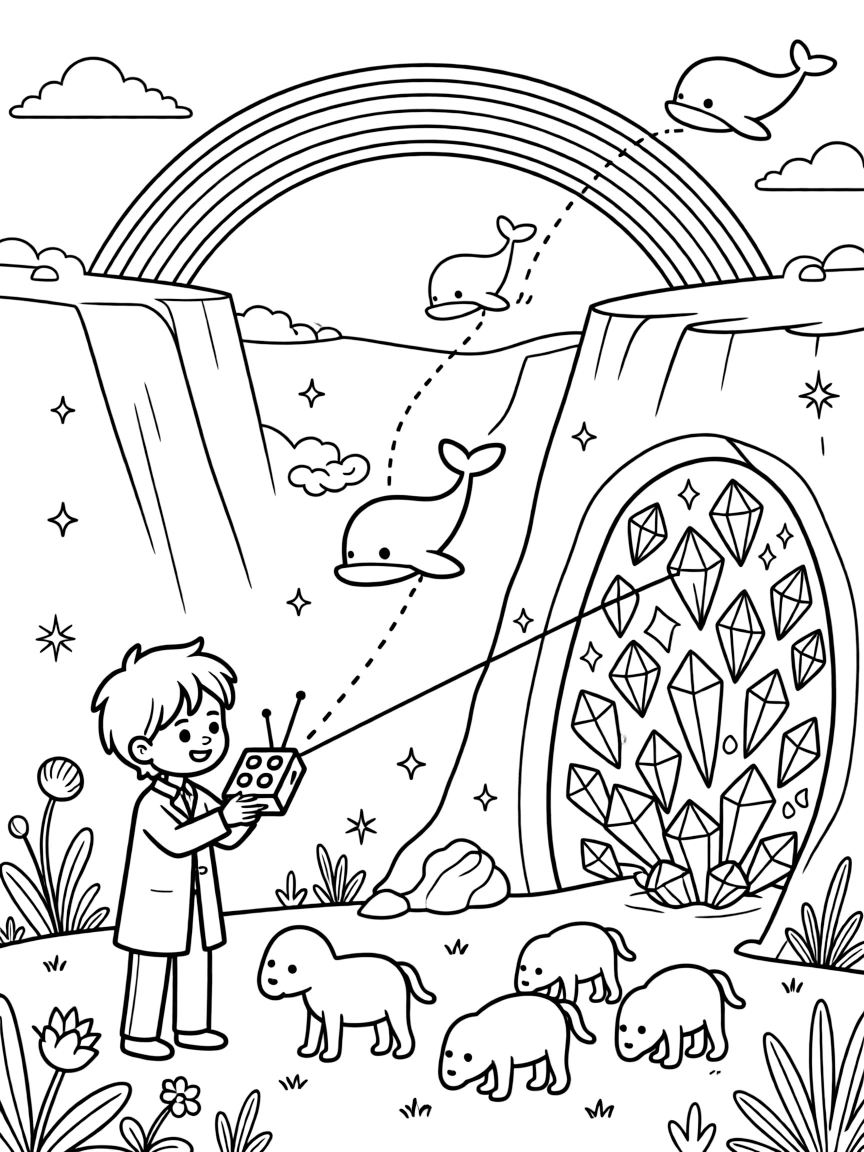 Inventor kid Circuit testing a gravity-flip gadget guiding baby space whales back to their migration path near a crystal cave glittering with rainbow-colored gems, surrounded by a rainbow bridge arching over a canyon and a herd of gentle six-legged alien creatures grazing nearby.