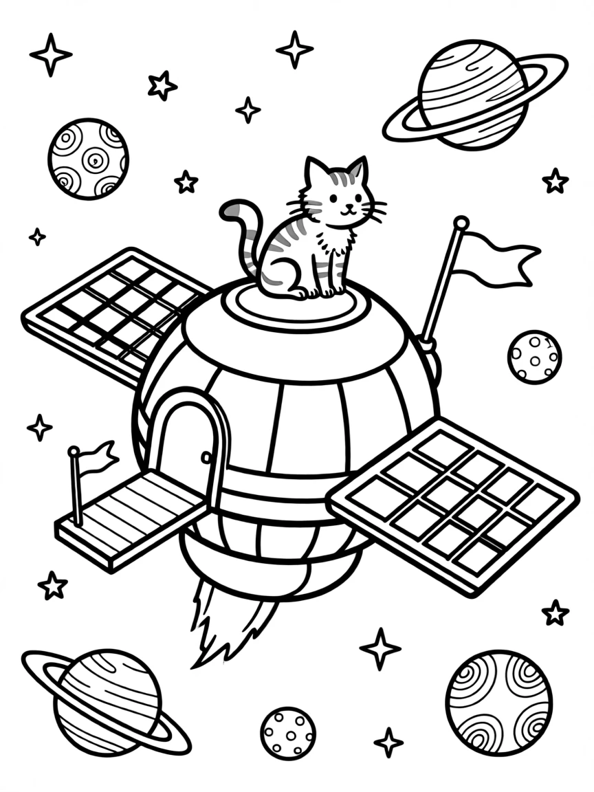 A big, friendly a docking space station module with solar panel wings rolls through outer space, dotted with twinkling stars and colorful planets, with a curious cat perched on the hood enjoying the ride and colorful flags fluttering from every corner adding a playful touch.