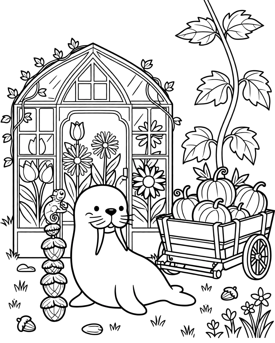 A walrus stacking acorns into a tower with a chameleon in a greenhouse full of blooms, near a giant beanstalk, with a wagon full of freshly picked pumpkins.
