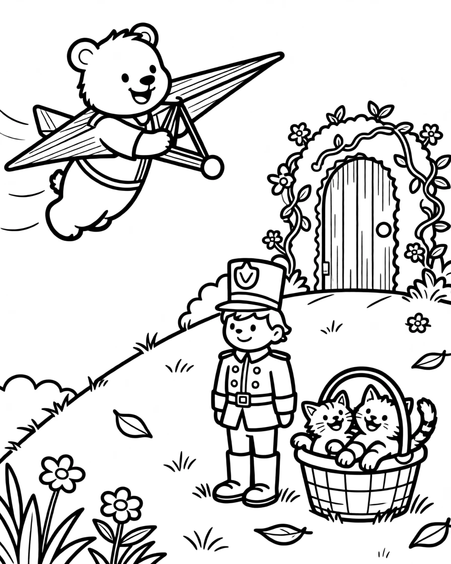 A playful bear cub camp counselor is flying a homemade glider off a grassy hill in a secret garden hidden behind a mossy gate, joined by a wind-up toy soldier standing at attention and a basket of kittens tumbling over each other. The whole crew is grinning from ear to ear.