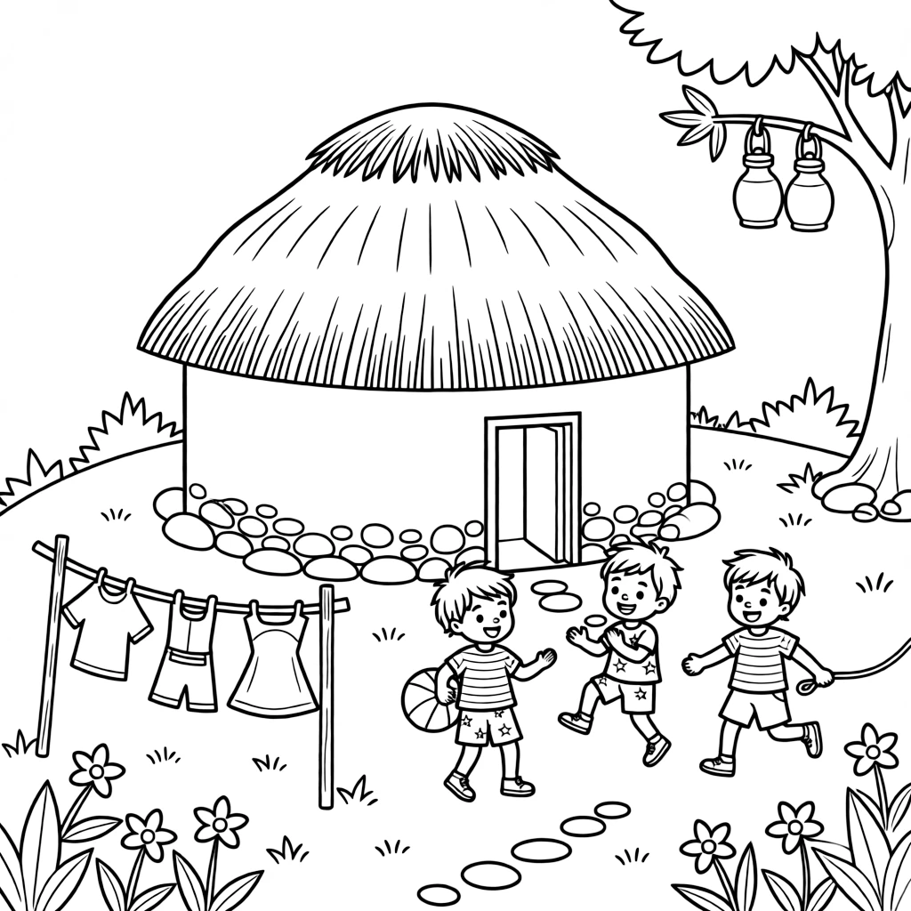 A coloring page featuring a round thatched hut in a hillside village in Rwanda, with children playing just outside the door and laundry or lanterns strung nearby.