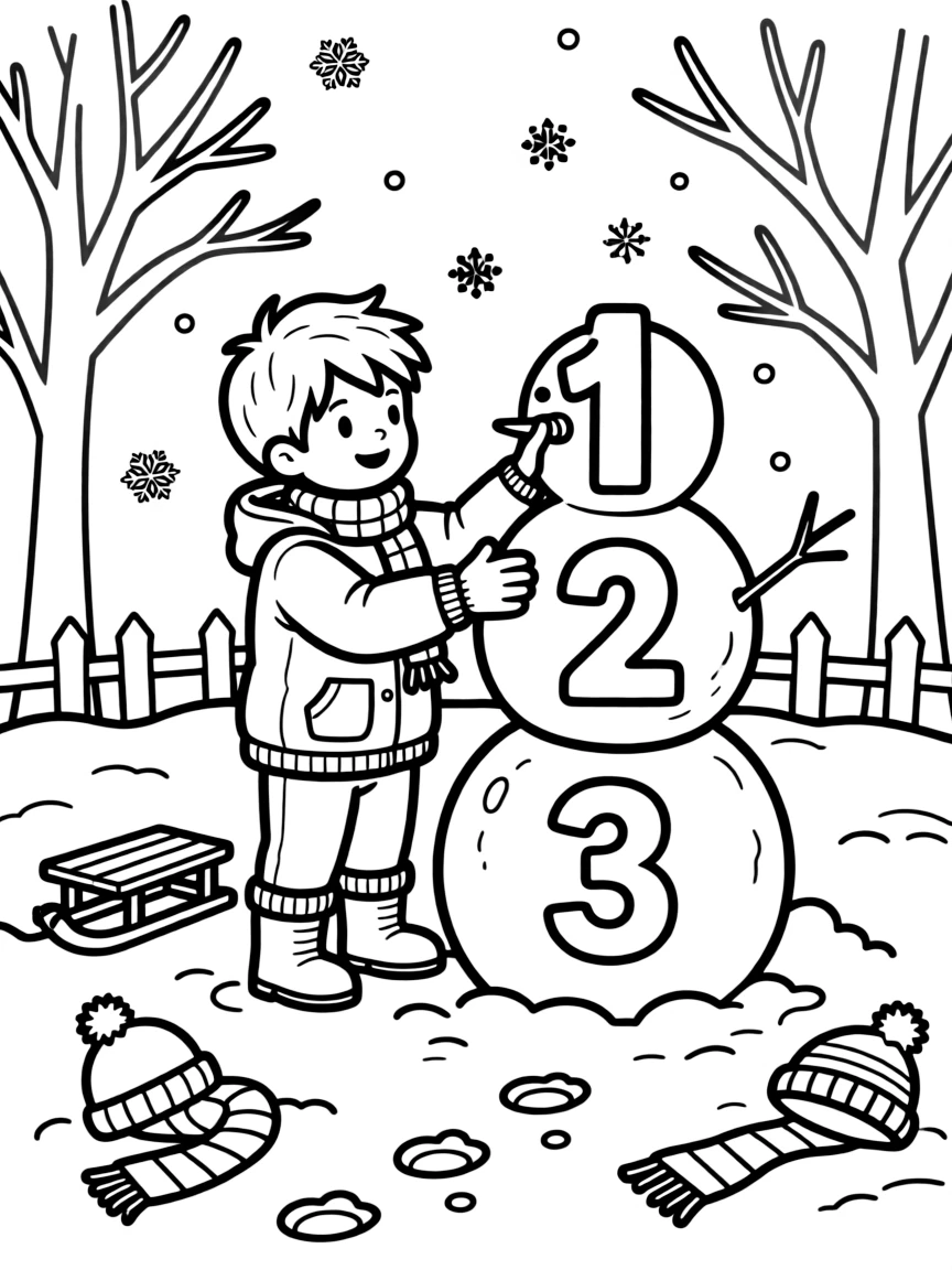 a determined young boy builds a snowman shaped like the numbers from a math lesson.