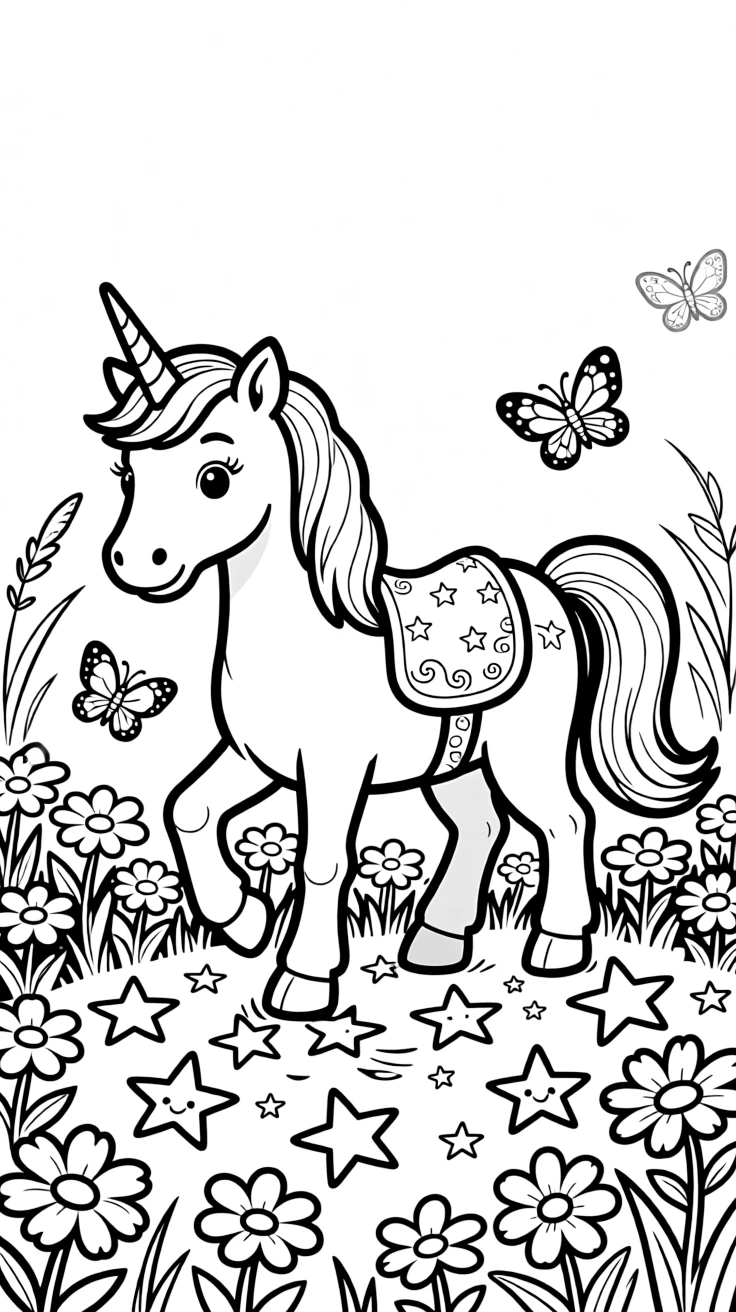 A young unicorn discovers a field of wildflowers that bloom in the shape of stars whenever it walks past.
