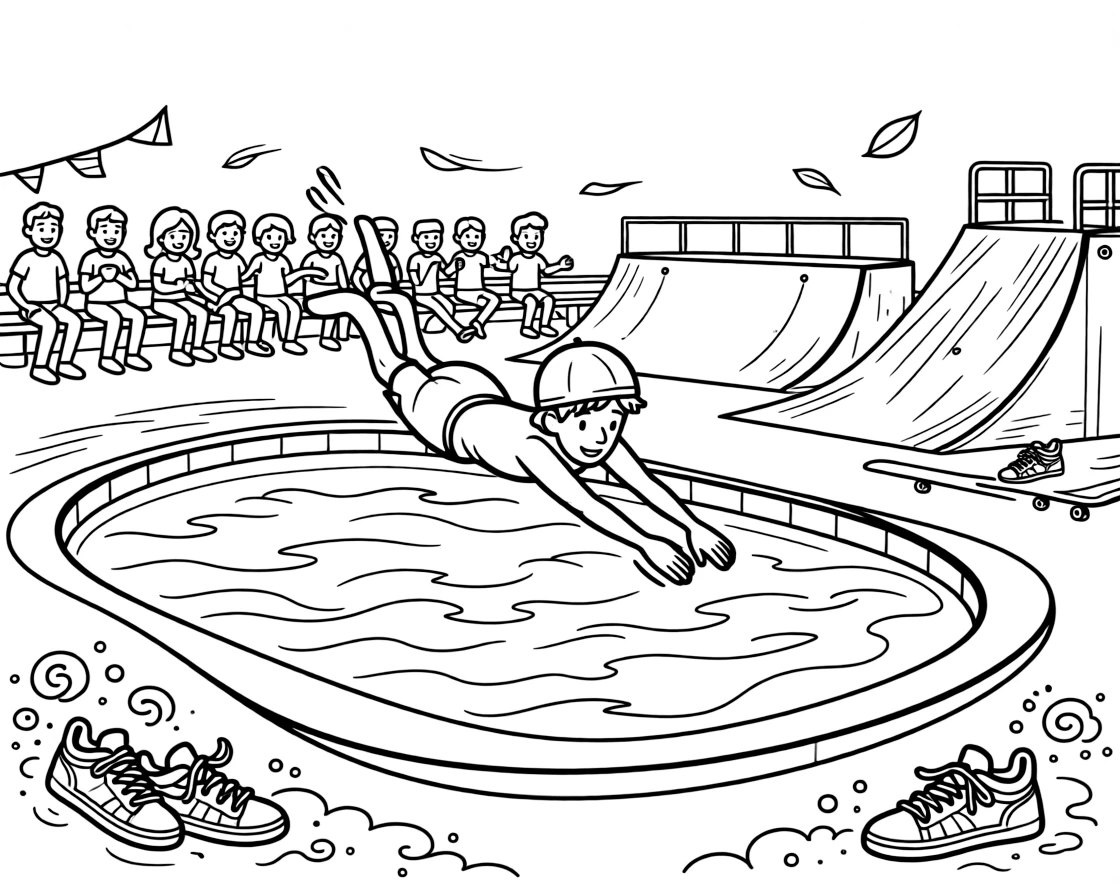[Sports] A dynamic scene shows a young swimmer diving in diving into a pool at a skate park, smiling proudly. Close by, a crowd fills the stands. Sneakers kick up small clouds of dust. The moment unfolds on a foggy morning, with a light breeze blowing, filled with energetic detail perfect for a young colorist.