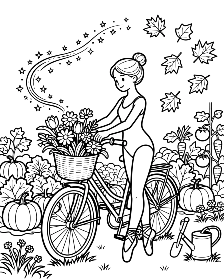 A young ballerina in a satin leotard is decorating a bicycle basket with flowers in a vegetable garden at harvest time. All around, a trail of glittering fairy dust and swirling autumn leaves in every color add a sprinkle of wonder to the moment.