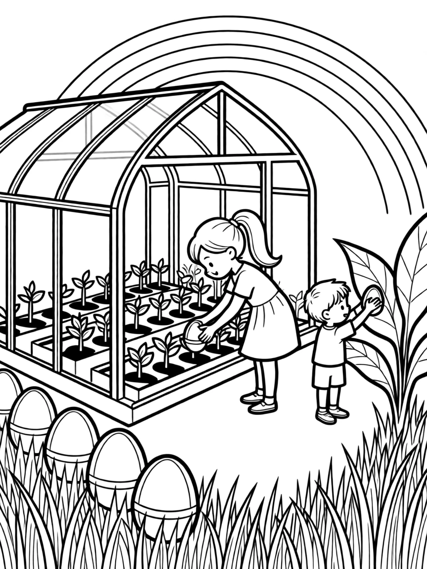 A wide view in a greenhouse filled with budding plants, featuring children on an egg hunt in tall grass, a big sister and her little brother, and a row of pastel eggs in the grass, with a rainbow arching over the garden nearby.