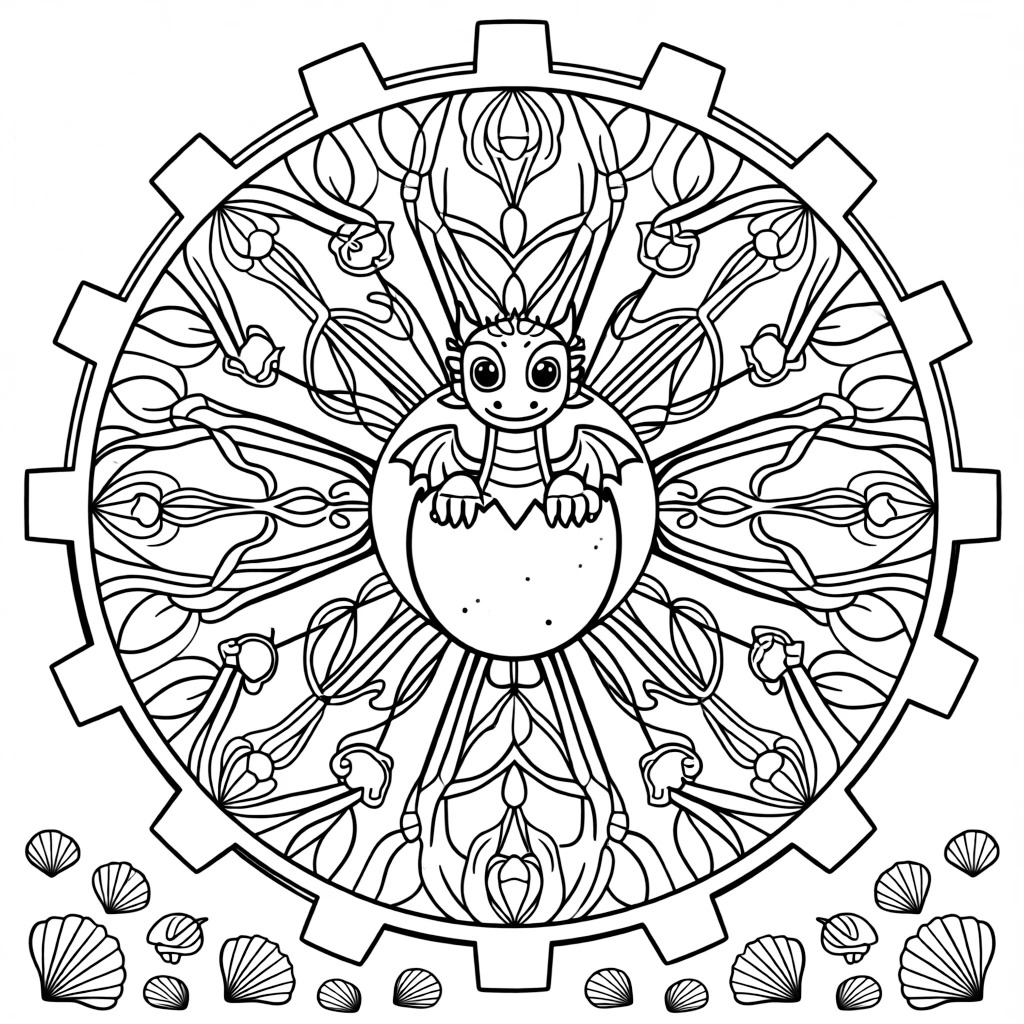 Mythical & Fantasy Creatures: The main subject is a small dragon hatchling peeking out of a cracked egg, drawn as the focal point of a gear-wheel mandala with even notches around the rim. It is set at the core of the page, with the pattern unfolding outward in eight matching symmetrical segments. Decorative details fill the surrounding space, including loops of ribbon curling back on themselves, clusters of tiny acorns, and rows of teardrop-shaped petals woven throughout the background. A playful extra touch completes the page: a cluster of small seashells scattered along the bottom border.