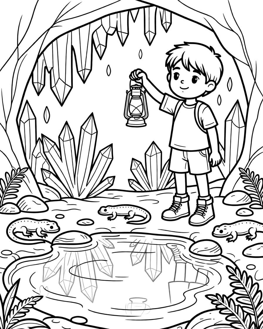 [Mystical Caves] A young explorer holds up a lantern, illuminating a cave wall covered in sparkling crystals. Salamanders rest on damp stones near a pool reflecting the glow of crystal light. A hidden underground pool reflects the sparkle of crystal formations lining the walls. Shimmering light reflects off the underground pool, filling the cave with sparkle.