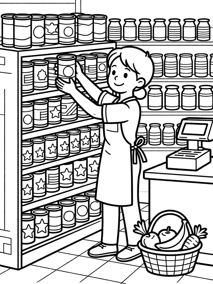 A grocery store clerk stacks cans neatly on a shelf full of colorful labels.