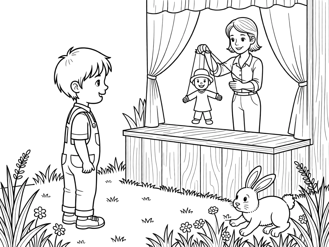 A boy in overalls watching a puppet show by a puppeteer while a rabbit hops through the grass.