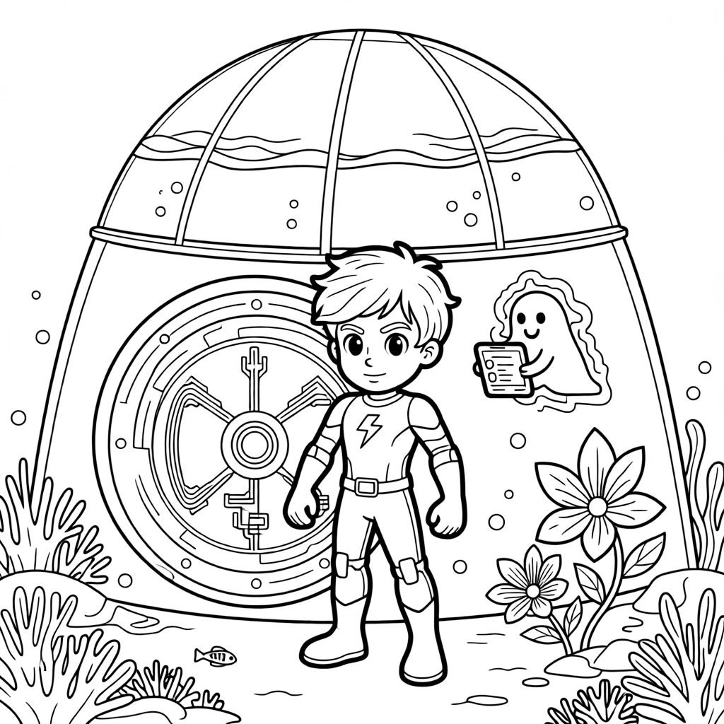 Marshal Fern, a clever electric-powered superhero kid cracking the code on a vault door hidden inside a volcano base, in an underwater dome city surrounded by coral reefs, with a friendly ghost-like hologram guide floating alongside and a garden of oversized glowing flowers nearby.