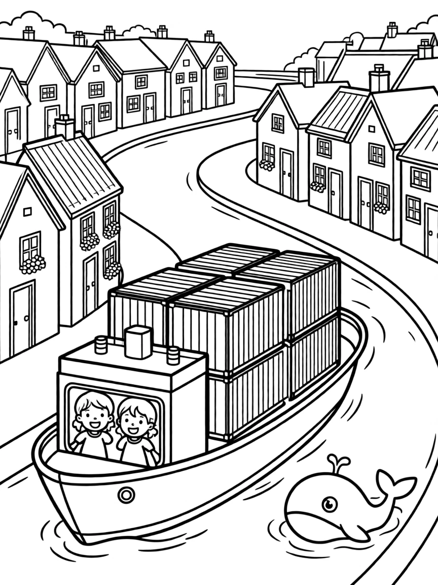 A big, friendly a stacked cargo container ship gliding into harbor rolls through a winding canal lined with cheerful painted houses, with twin siblings pressing their faces to the window enjoying the ride and a friendly whale peeking up from the waves adding a playful touch.