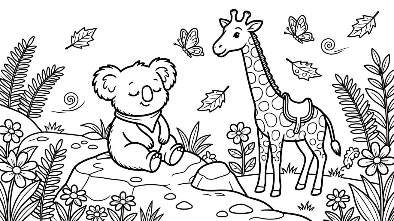 A sleepy koala on a rocky mountain trail, chasing butterflies through the garden with a giraffe, next to a fern-covered forest floor, as autumn leaves swirl in the wind.
