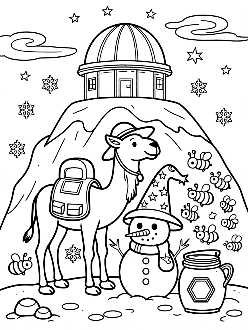 Chirpy and full of excitement, a camel desert explorer spends the day building a snowman wearing a wizard's hat at a mountaintop observatory under a swirl of stars. Nearby, a swarm of bees buzzing around a honey jar adds to the fun. It feels like the best day ever for everyone involved.
