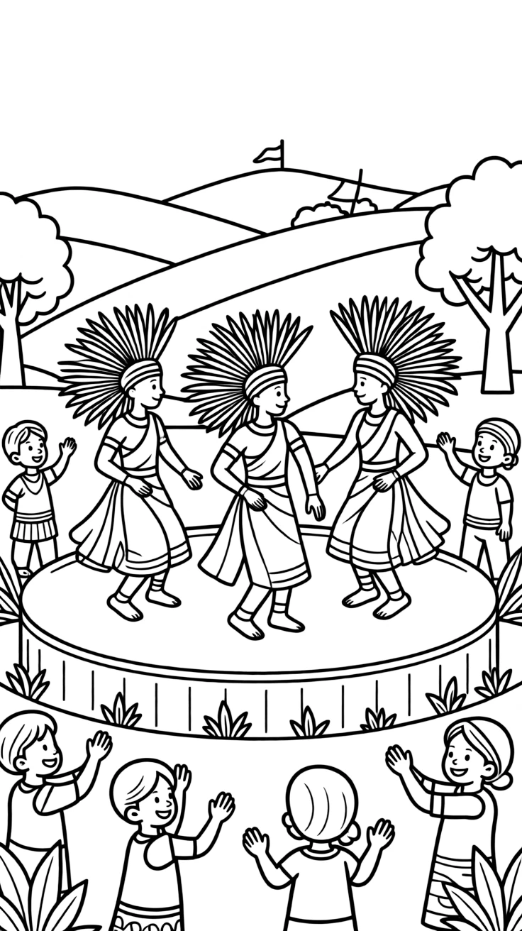 A coloring page capturing dancers performing the energetic intore dance with headdresses swaying from Rwanda, set on an outdoor stage with cheerful onlookers waving and swaying along.