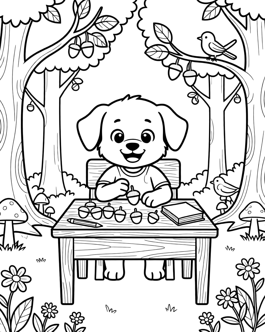 a cheerful a puppy counts acorns into neat piles at a tiny school desk in the forest.