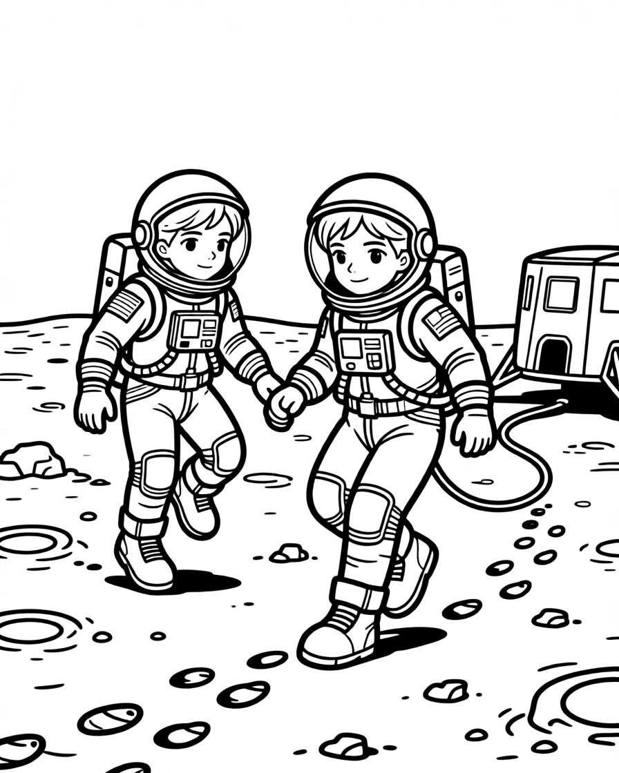 [Astronauts] A dynamic scene shows a pair of astronauts bouncing across a dusty lunar surface on the surface of the moon, concentrating hard with a focused expression. Close by, footprints trail across the dusty ground. A tether line connects back to the ship. The moment unfolds at high noon, under clear blue skies, filled with energetic detail perfect for a young colorist.