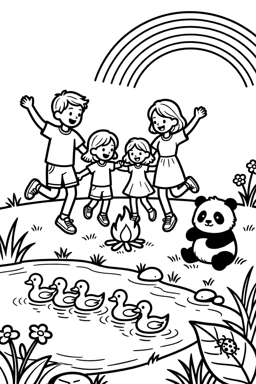 A family jumping over a small bonfire by a pond where ducklings paddle in a row, with a chubby panda cub playing close by amid a ladybug crawling on a leaf and a rainbow arching over the garden.