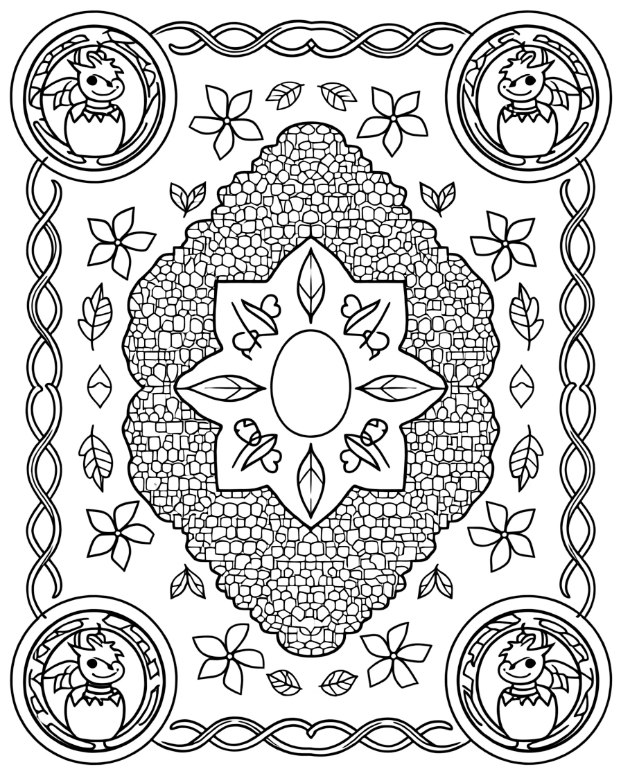 Mythical & Fantasy Creatures: The page centers on a repeating motif of a small dragon hatchling peeking out of a cracked egg, built around a set of perfectly matched concentric rings. The motif is placed at each of the four corners in matching pairs, connected by a looping border pattern around the edge. Decorative details fill the surrounding space, including pinwheel blades spinning in place, rows of gentle leaf veins branching outward, and a field of tiny honeycomb cells woven throughout the background. A playful extra touch completes the page: a curious little mouse peeking out from behind one of the shapes.