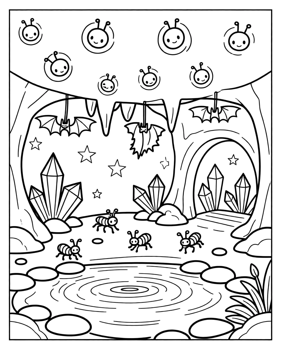 [Mystical Caves] A family of glowworms lights up the ceiling of a quiet underground cavern. Tiny cave crickets hop between rocks while bats hang quietly from the ceiling above. Glowing crystals embedded in the cave walls light the path like tiny stars. Shimmering light reflects off the underground pool, filling the cave with sparkle.
