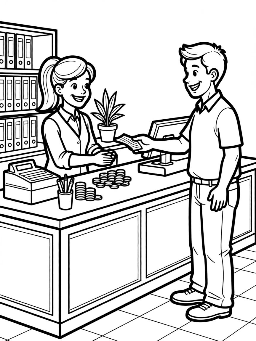 A bank teller counts coins and hands a receipt to a customer at the counter.
