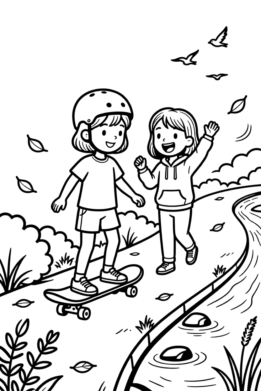 A quiet girl learning to skateboard with a best friend along a riverside path as fallen leaves swirl in the breeze.