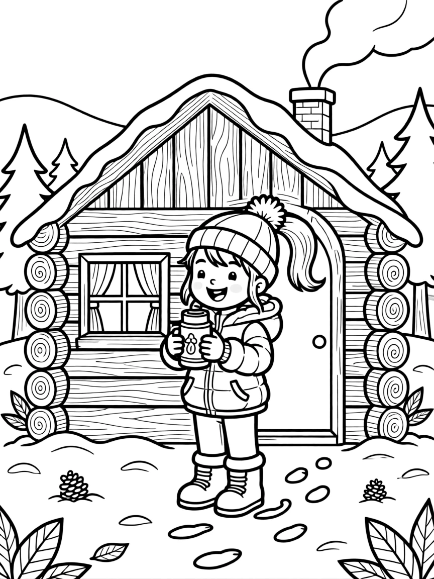 An energetic girl with a big smile, sipping hot cocoa from a thermos at a warming hut along the trail.