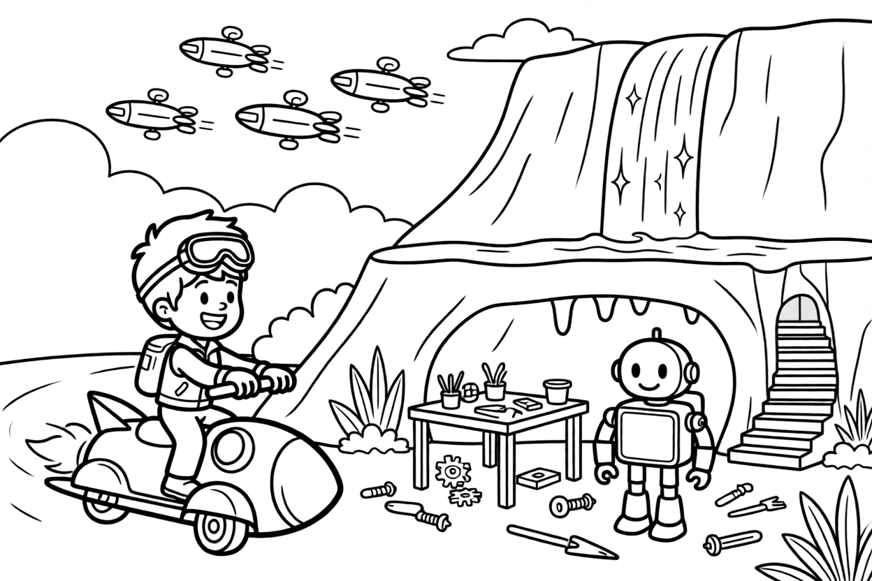 Pilot Dash zooming along on a rocket scooter building a robot friend from spare parts in a backyard workshop in a secret underground base hidden beneath a volcano, as a waterfall of sparkling light cascading down a cliff and a fleet of hover-scooters zipping past in the background fill the scene.