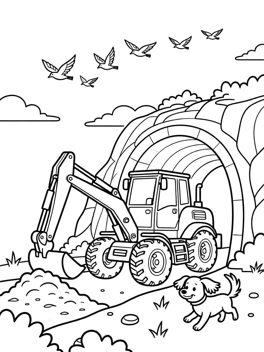 This coloring page shows a backhoe loader scooping earth with its front bucket making its way across a tunnel cutting through a rocky mountainside, accompanied by a friendly dog with its ears flapping in the wind, while a flock of birds flying alongside in formation adds extra charm to the scene.
