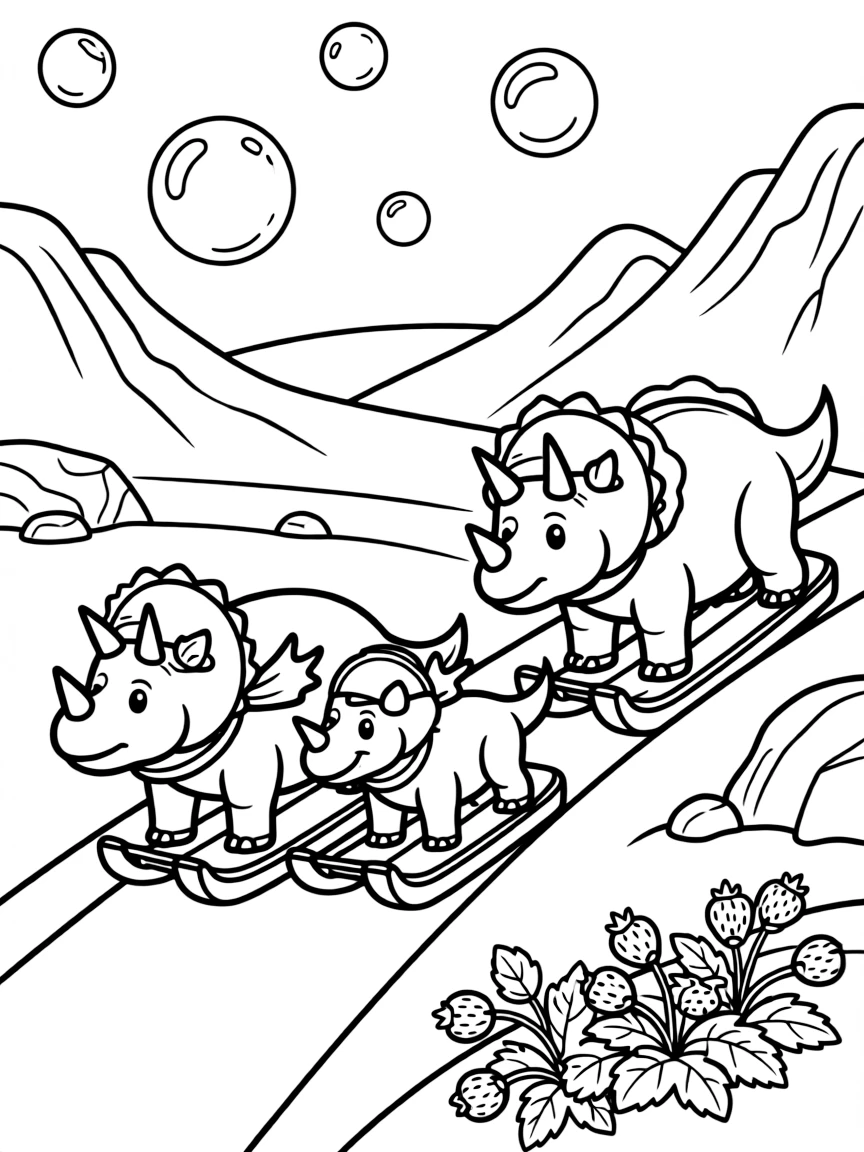 A triceratops family on a rocky mountain trail, sledding down a snowy hill with a foal, next to a patch of wild strawberries, as bubbles float up into the sky.