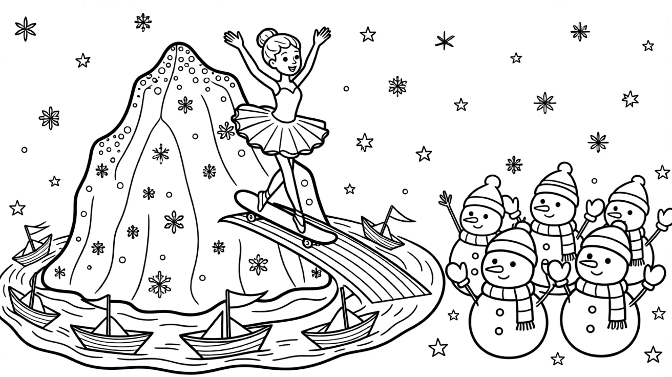 On an iceberg glittering under the northern lights, a wide-eyed snowflake ballerina is busy learning to skateboard down a rainbow ramp, cheered on by a fleet of tiny paper boats racing along and a group of snowmen wearing matching scarves. Everyone claps and cheers at the happy sight.