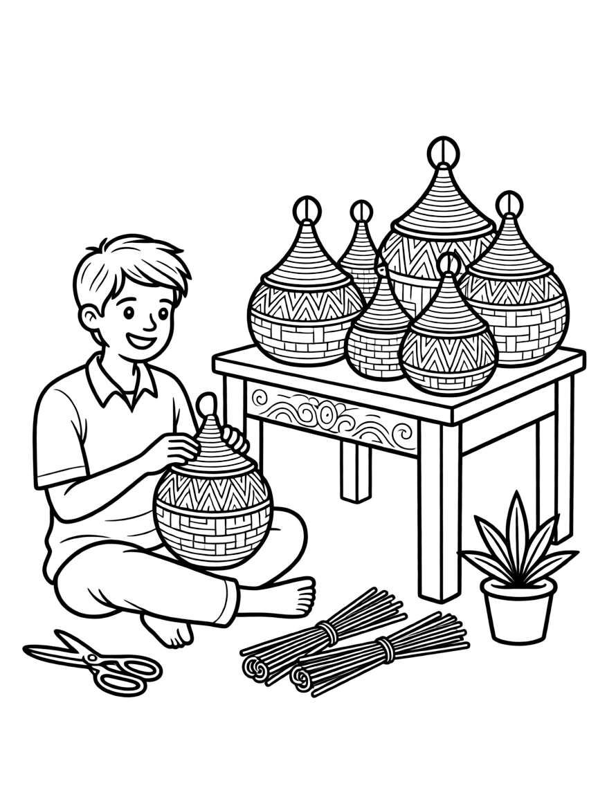 A coloring page showing a creative craft moment in Rwanda: a craftsman weaving an agaseke peace basket with a pointed lid, with finished pieces displayed proudly on a nearby table.