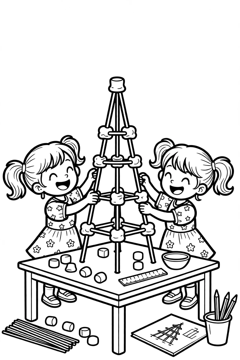 giggling twin sisters build a tall tower out of spaghetti and marshmallows for an engineering challenge.