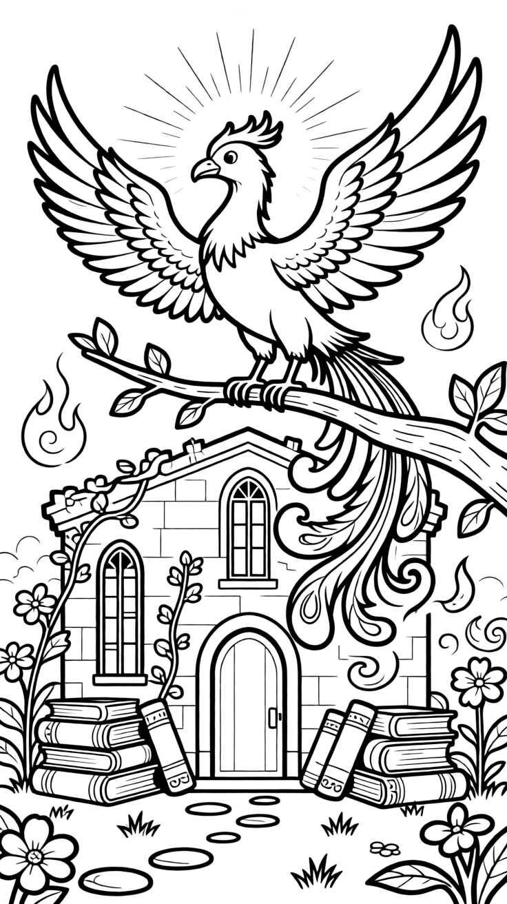 A phoenix guards an ancient library from fire, its warm glow somehow never singeing a single page of the old books.