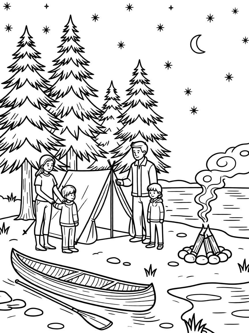 [Camping] a family setting up a tent pitching a tent under tall pines under a starry night sky. In the background, a canoe rests on the shore nearby, adding extra fun to explore. Smoke curls gently up from the campfire. It all happens just after a rainstorm, with a light drizzle just ending.
