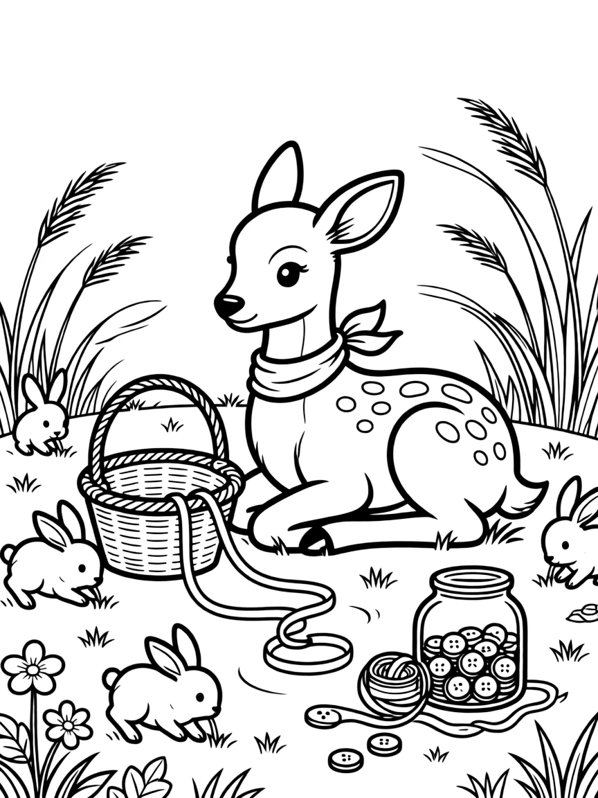 A gentle baby deer with white spots is weaving a basket from colorful ribbons in a meadow filled with grazing bunnies. Close by, a jar of colorful buttons and ribbons and a gentle breeze rippling through tall grass add a sprinkle of wonder to the moment.